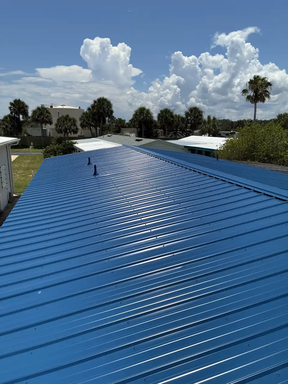 Blue standing seam metal panels