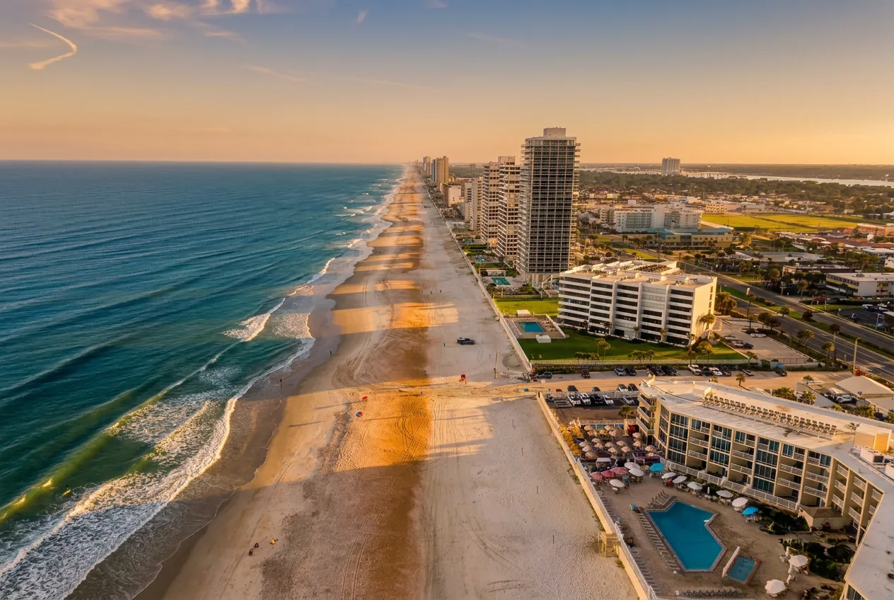 Aerial view of the Daytona Beach shoreline with hotels along the sand at sunset
