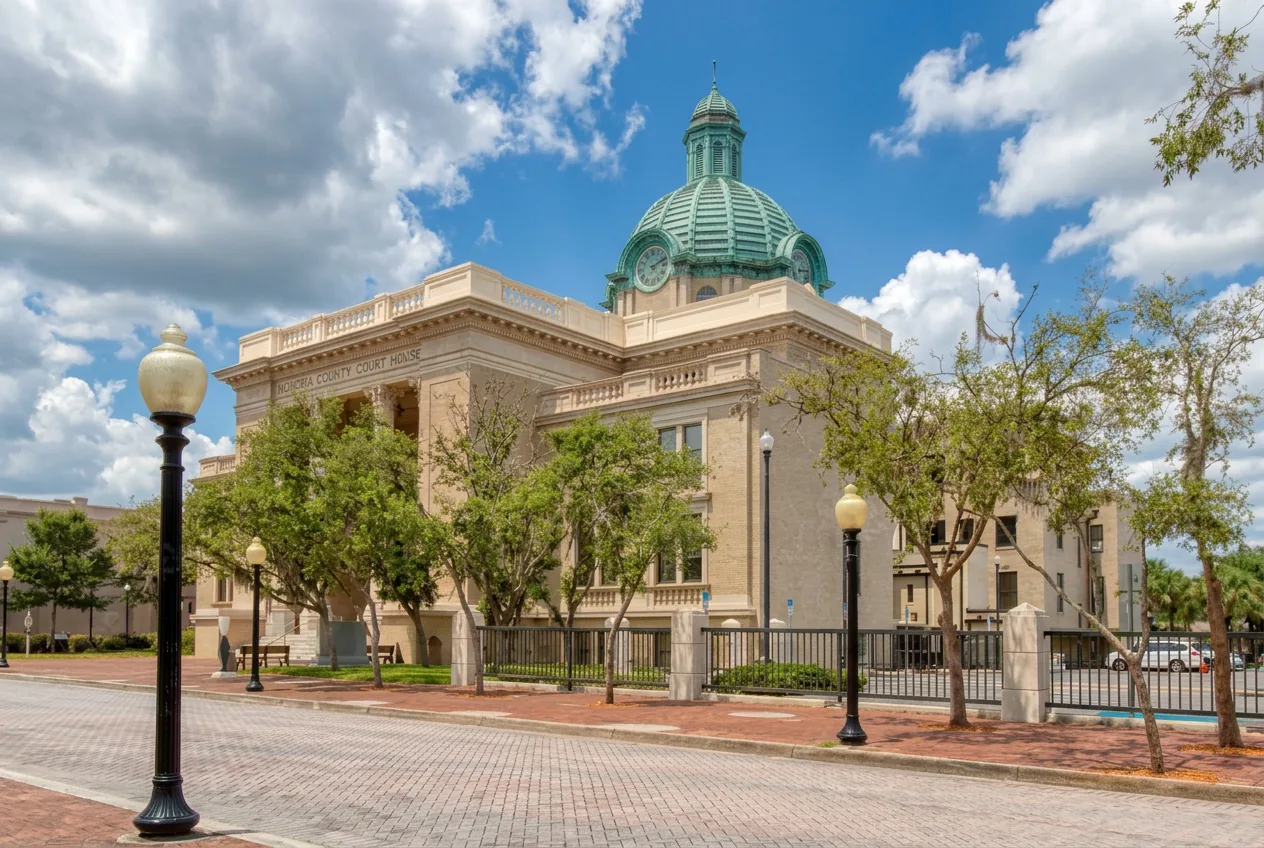 Historic courthouse with a green copper dome on a brick-paved street in downtown DeLand