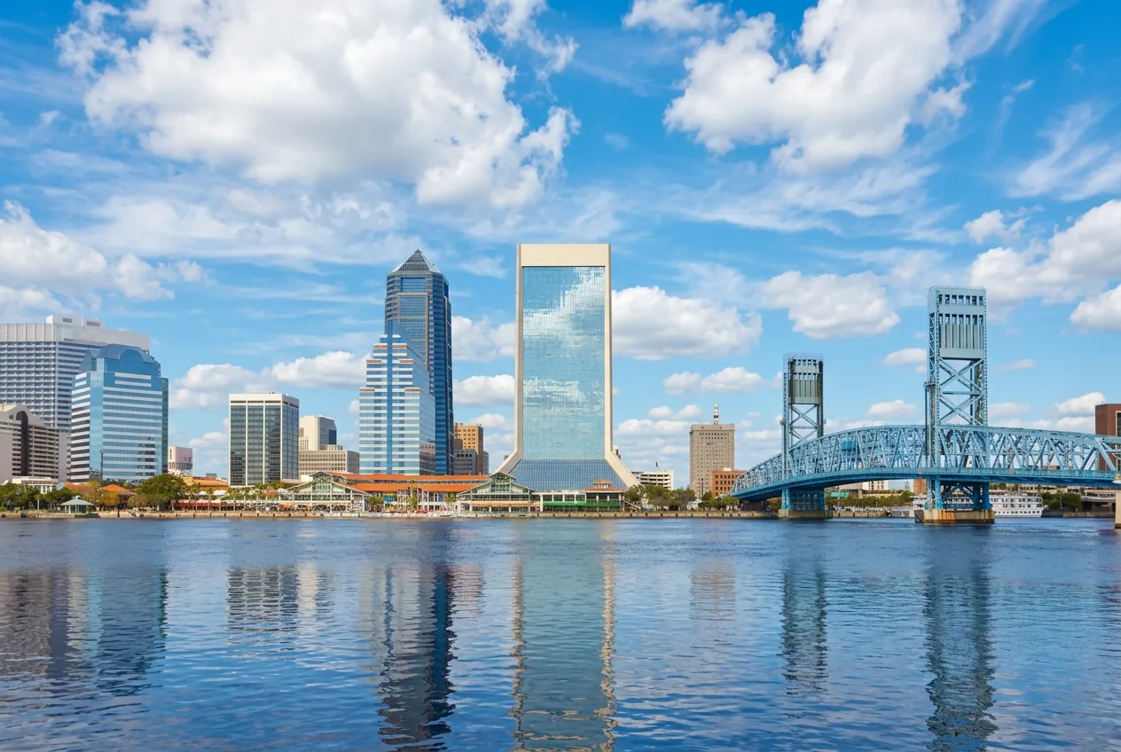 Downtown Jacksonville skyline and the blue Main Street bridge over the St. Johns River