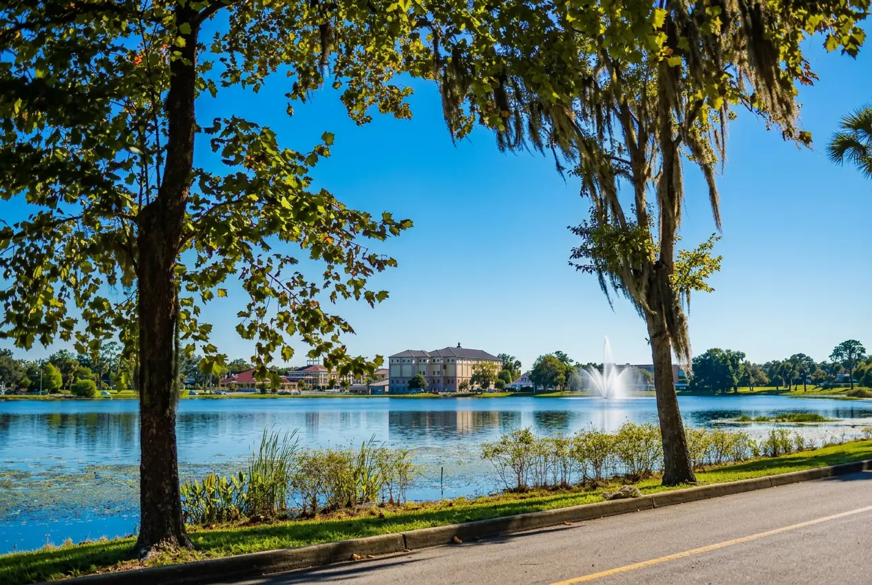 Lakeside park with a fountain on the water and oaks draped in Spanish moss in Lake City