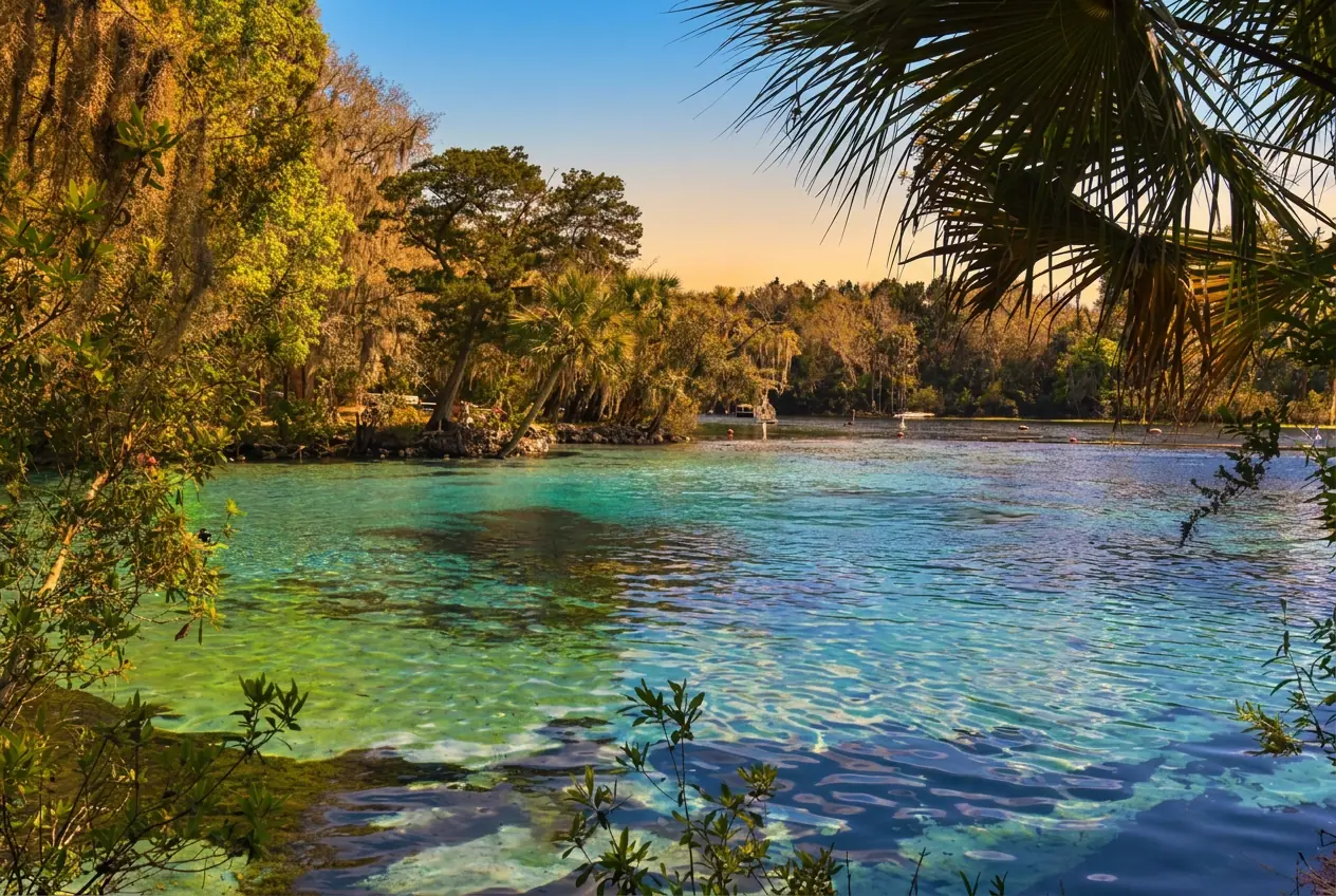 Clear spring water in shades of blue and green under palms and oaks near Ocala