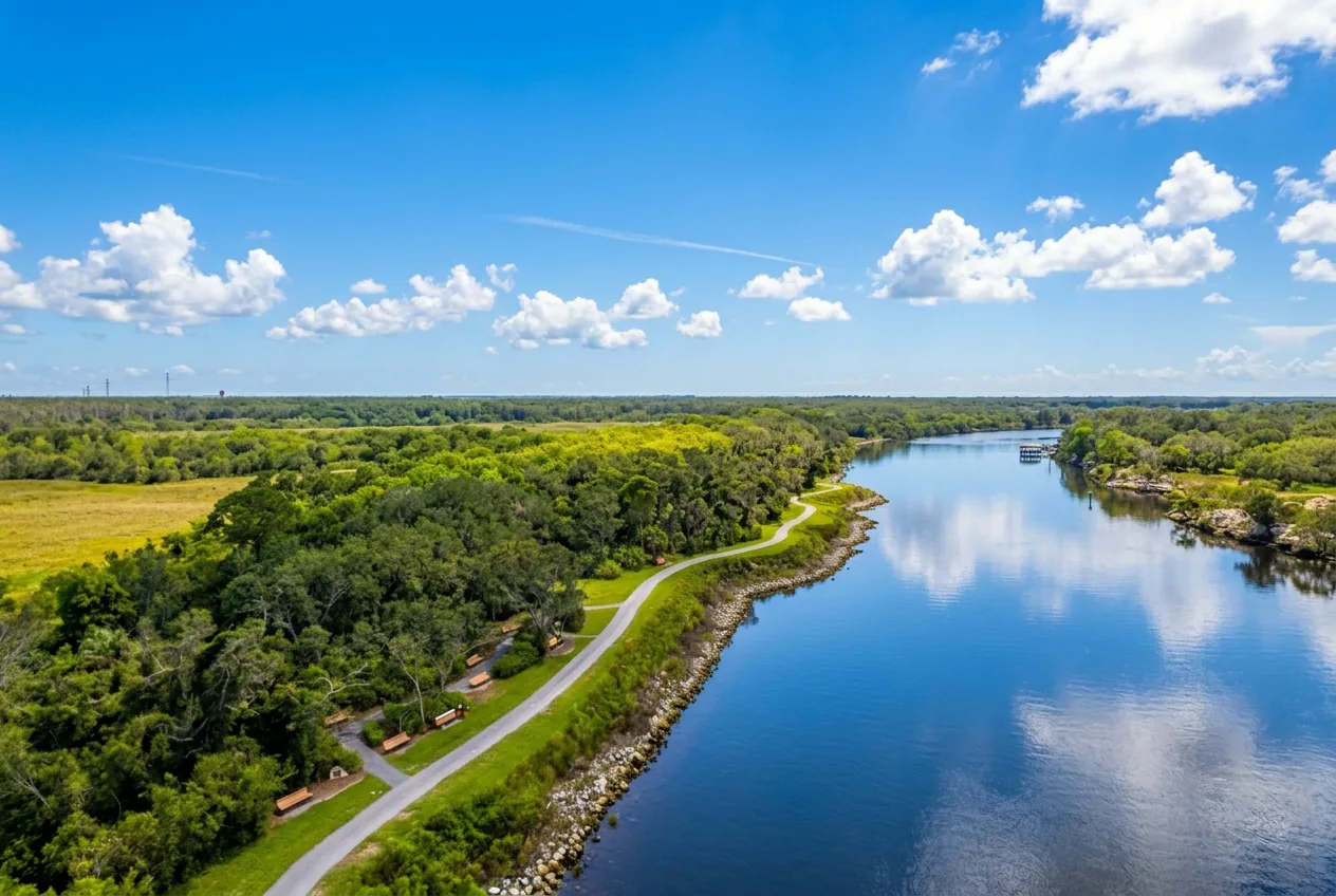 Aerial view of a wide waterway lined with green marsh and trees near Palm Coast