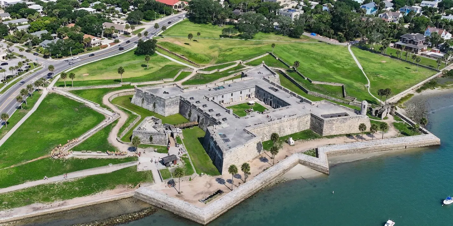 Aerial view of the stone star fort on the waterfront in St. Augustine