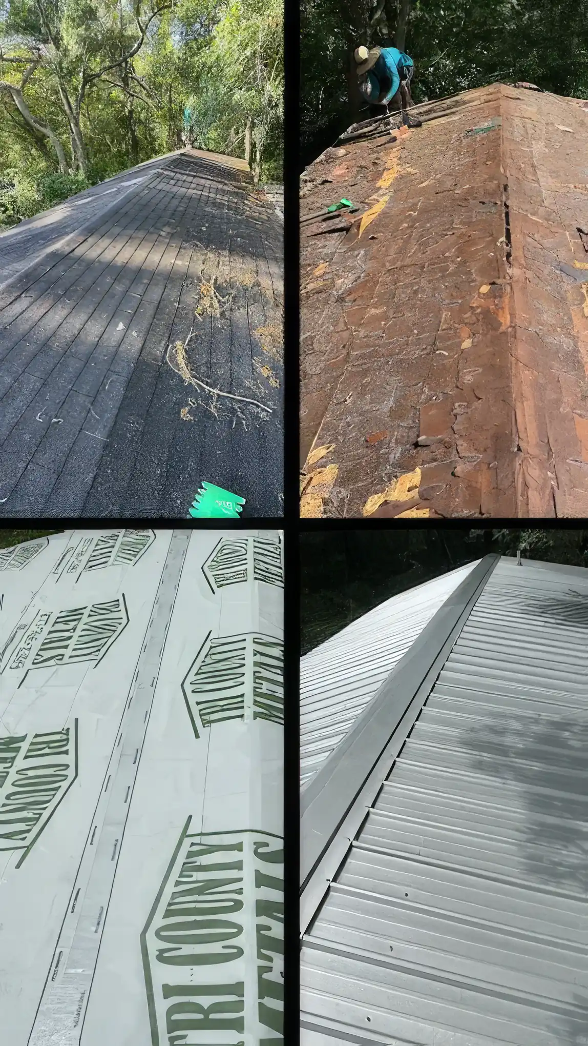 Four stages of a metal roof: an old shingle roof, the tear-off, Tri County Metals underlayment, and the finished silver panels